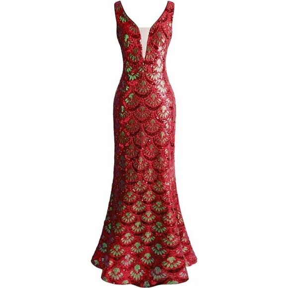 ✨❤️ Formal Red Sequin Mermaid Column Art Deco 1920s Long Gown Maxi Dress L NWT - Picture 1 of 13